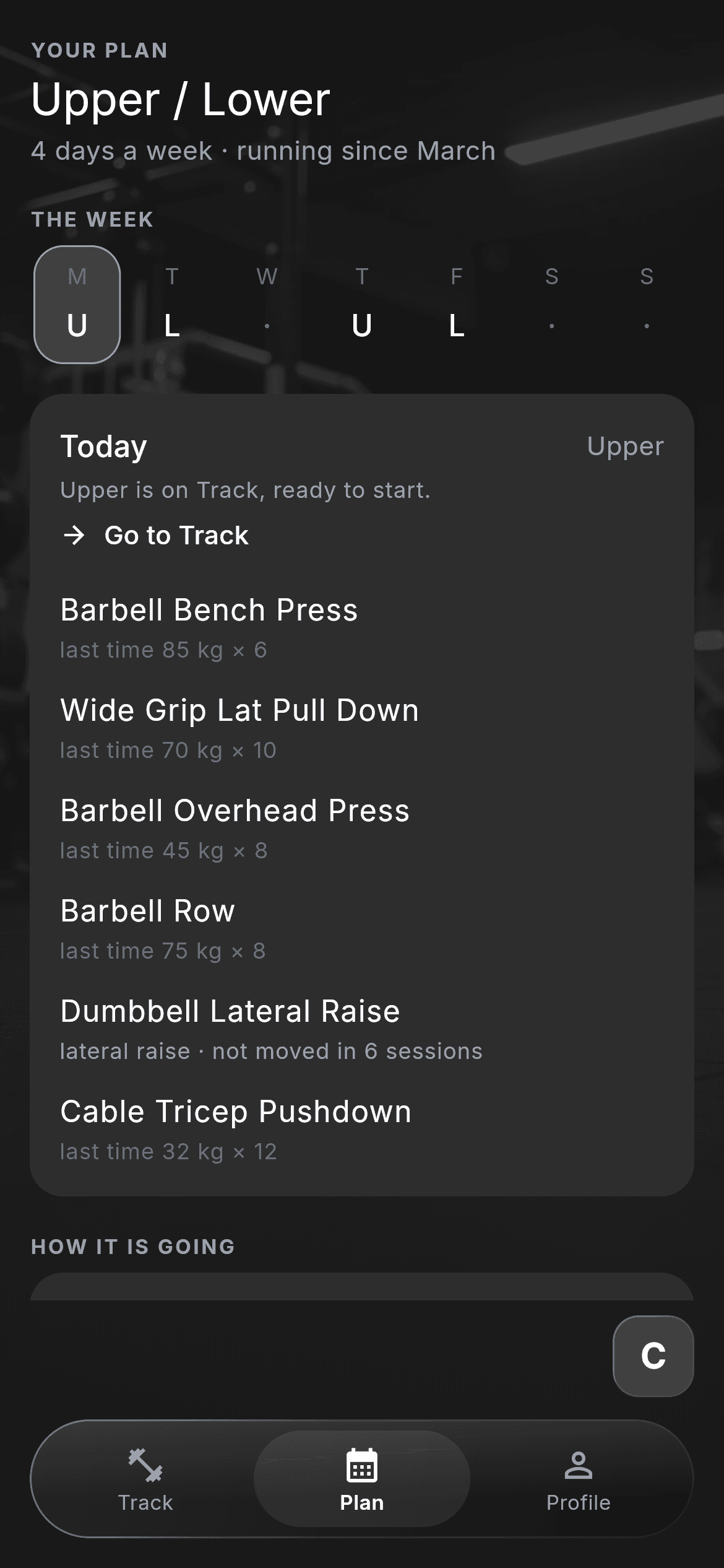 Lift's plan: an upper and lower split across the week, with today's movements.