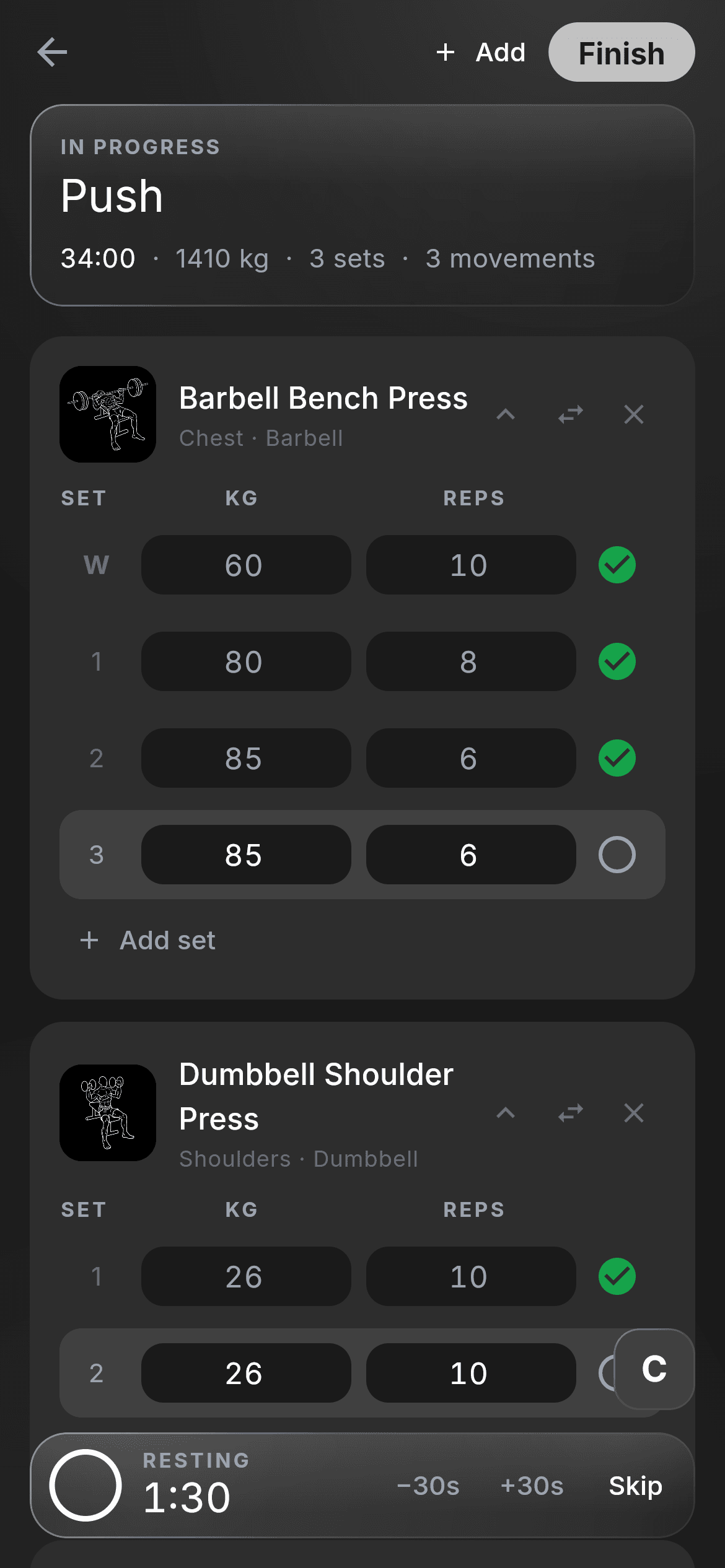 Lift between sets: a rest timer counting down from 1:30.